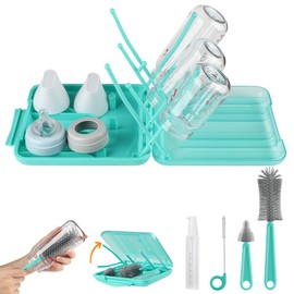 YomauiYee 6 in 1 Bottle Brush Set,Bottle Cleaner Brush Kit with Bottle Brush,Drying Rack,Nipple Brush,Straw Brush,Soap Dispenser&Storage Box,Portable Baby Essentials for Home&Travel