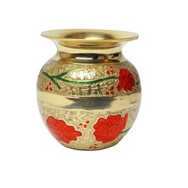 Small Brass Kalash with Minakari Work Lota Pot Utensils Drinkware for Pooja Puja Indian Traditional Festival New Year Decorations Temple Home Office Pure Copper Vessel Lota (Size-3"x3"x3.5") (Golden)