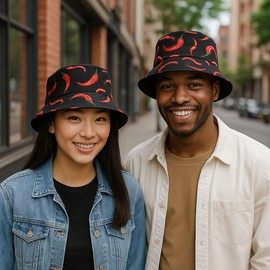 Chili Peppers Print Bucket Hat - Novelty Spicy Pattern | Cotton Bucket Cap for Men & Women | Streetwear Outdoor Gardening Sun Hat (UK, Alpha, One Size, Standard, Black)