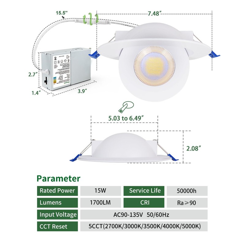 zouzai 6 inch 5CCT Gimbal Led Recessed Lights, 360°+90° Adjustable