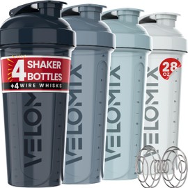 VELOMIX -4 PACK- 28 oz Shaker Cups for Protein Shakes - 4x Wire Whisk | Leak Proof Protein Shaker Bottles for Protein Mixes | Protein Shaker Bottle Pack | Mixer for Protein Shakes(Aqua Depths) | VELOMIX