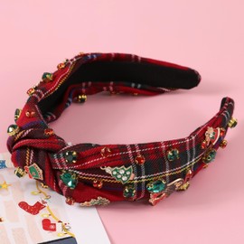 Gmmidea Christmas Plaid Knotted Headbands for Women Girls Xmas Tree Reindeer Snowflake Jeweled Headband Beaded Crystal Top Knot Festive Headband Christmas Costume Accessories