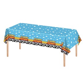 OQOQ Cartoon Birthday Party Tablecloths(3 Packs) - 137x274cm PE Plastic Table Clouds with Blue Sky White Cloud Cow Print Design Waterproof Disposable Table Cover for Birthday Party Decorations