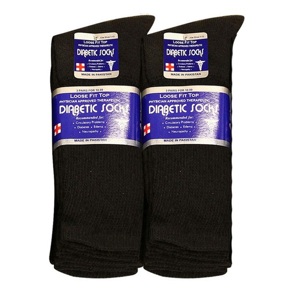 Physicians Approved Diabetic Socks Crew Unisex 3, 6 or 12-Pack (9-11, 6 Pairs Black)