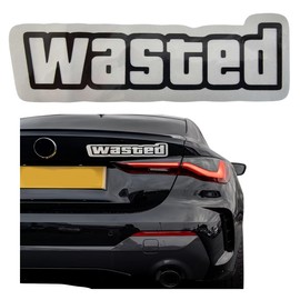 Calcomanía Sticker Broma Chistoso Pegatina Adhesiva Vinilo Resistente Agua/UVA para Moto Auto Casco Laptop Universal | Wasted Negro y Plata