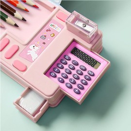 Pop Up Multifunction Pencil Case, Cute Cartoon Pen Box Organizer Stationery with Calculators, Sharpener, Schedule, School Supplies, Best Birthday Gifts for Kids Teens (Pink)