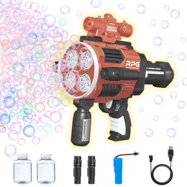 Automatic Refill Bubble Gun for Kids - 20 Holes LED Blaster with Lights, Toys for Party Favors, Birthdays, Weddings & Outdoor Play, Gifts for Boys (Black Orange)