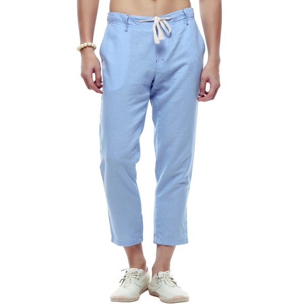 chouyatou Men's Casual Drawstring Straight Fit Beach Linen Capri Pants