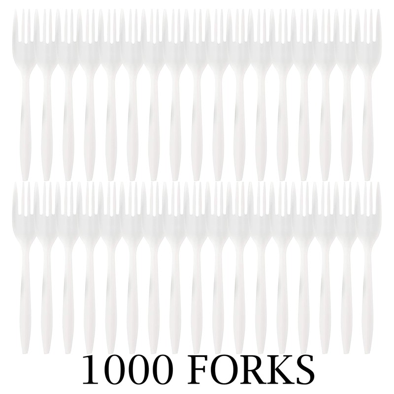 Plasticpro Cutlery Plastic Forks Medium Weight Disposable Silverware (White,1000 Forks)