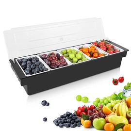 ZXXSFM Condiment Garnish Tray Caddy For Bartenders,Bar Garnish Fruit Caddy With Lid,Plastic Condiment Container For Bartending,Outside Parties (5 Compartment)