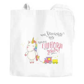 Moonworks® Jute Bag with German Text "Nur Verrückte hier komm Einhorn wir gehen Unicorn Wir gehen Unicorn Sayings [German Language] Cotton Bag with 2 Long Handles White