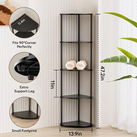 5-Tier Corner Shelf Stand, Waterproof Black Bathroom Organizers and Storage, Plant Display Shelves for Living Room Decor, Plastic Light Wall Corner Bookshelf Organizer for Office/Apartment/Small Space