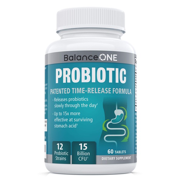 Balance ONE Probiotic, Daily Probiotics for Women & Men, Shelf Stable, 15 Billion CFUs with Prebiotics, 12 Strains, Lactobacillus Plantarum Acidophilus & Paracasei, 60 Time-Release Tablets