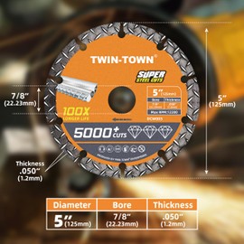 TWIN-TOWN 5" Diamond Cutting Wheel with 7/8" Arbor, Metal Cut Off Wheel, Carbide Cutting Wheel for Angle Grinder, 5000+ Cuts on Rebar, Steel, Iron, and INOX