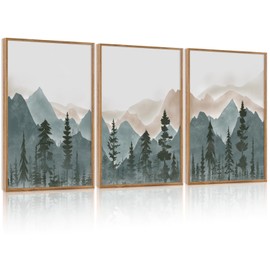 CHDITB Mountain Framed Wall Art Set Of 3,Mountains Woodland Artwork Foggy Forest Wall Decor, Pine Trees Wall Painting,Watercolor Nature Art Prints For Bedroom Living Room Decor(12X16 Inch)