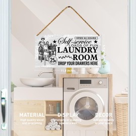 Laundry Wood Sign Decor, Laundry Wash Room Decorations for Door Wall Hanging Sign Farmhouse Style Bathroom Home Decor, Wash Sign for Laundry Room, Housewarming Gifts for New House Home, Drawers Here