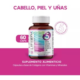 Suplemento en cápsula Lifeed5 Biotina Colágeno Hidrolizado Zinc Vitamina E y Vitamina B5 para cuidado de cabello piel y Uñas