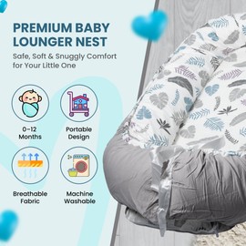 Baby Lounger Support Base for Awake Time – Foldable & Soft – 100% Cotton - Machine Washable - Perfect Baby Gift– Breathable & Soft Travel for Baby Boys & Girls (Feathers n Leaves-Grey)
