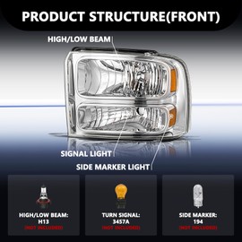 Aosky Headlight Assembly Compatible with 05 06 07 F250 F350 F450 F550 Super Duty / 2005 Excursion Driver and Passenger Side Headlamp Chrome Housing with Amber Reflector
