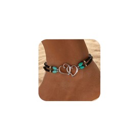 Red Yun En Beaded Ankle Bracelets for Women Waterproof Elastic Beaded Anklet Double Hearts Ankle Bracelets Beach Jewelry for Women Vacation (Black Style)