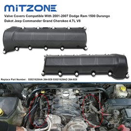 MITZONE Left and Right Side Valve Covers with Gaskte and Bolts Compatible with 2001-2007 Dodge Ram 1500 Durango Dakot Jeep Commander Grand Cherokee 4.7L V8 Replace # 53021828AA 53021829AD