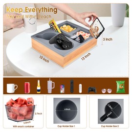 Couch Cup Holder Tray Couch Drink Holder Sofa Couch Caddy with Cup Holder, LAVAED Silicone Wooden Couch Buddy for Sofa Bed Car Seat Beach Outdoors Organizer Snacks Beverage Remote, Waterproof & Large