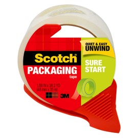 Scotch Sure Start Shipping Packaging Tape, 1.88"x 38.2 yd, Designed for Packing, Shipping and Mailing, Quiet Unwind, No Splitting or Tearing, 1.5" Core, Clear, 1 Dispensered Roll