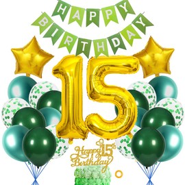 SNOWZAN Decoration for 15th Birthday Girls Boys Green Gold 15th Birthday Decoration Girls Boys 15th Birthday Decorations 15th Birthday Girl Decoration with Happy Birthday Banner for Birthday 15 Boys