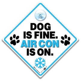 Dog Is Fine Air Con Is On Car Sign, Air Conditioning Sign For Dogs in Car, Dog AC Car Sign, Air Conditioning Dog On Board Sign With Suction Cup 14 cm x 14cm x 2cm