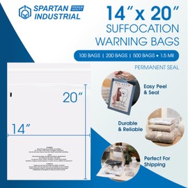Spartan Industrial - 14” X 20” (200 Count) Self Seal Clear Poly Bags with Suffocation Warning for Packaging, Clothes - Permanent Adhesive