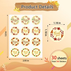 Lucleag Thanksgiving Thank You Stickers, Fall Autumn Maple Leaves Thank You Stickers for Small Business Thanksgiving Candy Envelope Seals Gift Wraps Crafts Stickers for Kids, 360PCS