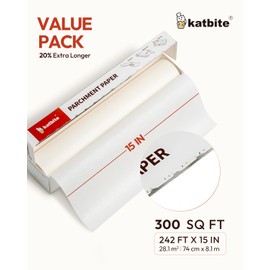 Katbite 15in x 242ft, 300 Sq.Ft Value Pack Parchment Paper Roll for Baking, Parchment Baking Paper with Serrated Cutter, Heavy Duty & Value Pack Parchment Roll for Cooking, Air Fryer, Steaming, Bread