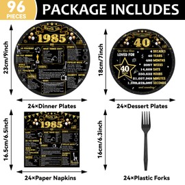 96Pcs 40th Birthday Plates and Napkins Back in 1985 Party Decorations Black Gold 40 Year Old Dessert Plates 1985 Birthday Cheers to 40 Years Theme Tableware Set for 24 Guests Men Women Party Supplies