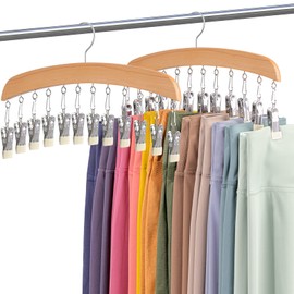 MEILIDY Leggings Hangers, Wooden Closet Hanging Leggings Storage Organizer Scarf Hangers with 24 Clips, 360° Swivel Hook, Burlywood, 2 Pcs