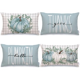 GEEORY Fall Throw Pillow Covers 12x20 Inch Set of 4, Hello Pumpkin Eucalyptus Blue Buffalo Plaid Autumn Seasonal Holiday Decorative Farmhouse Decoration for Home G378-12