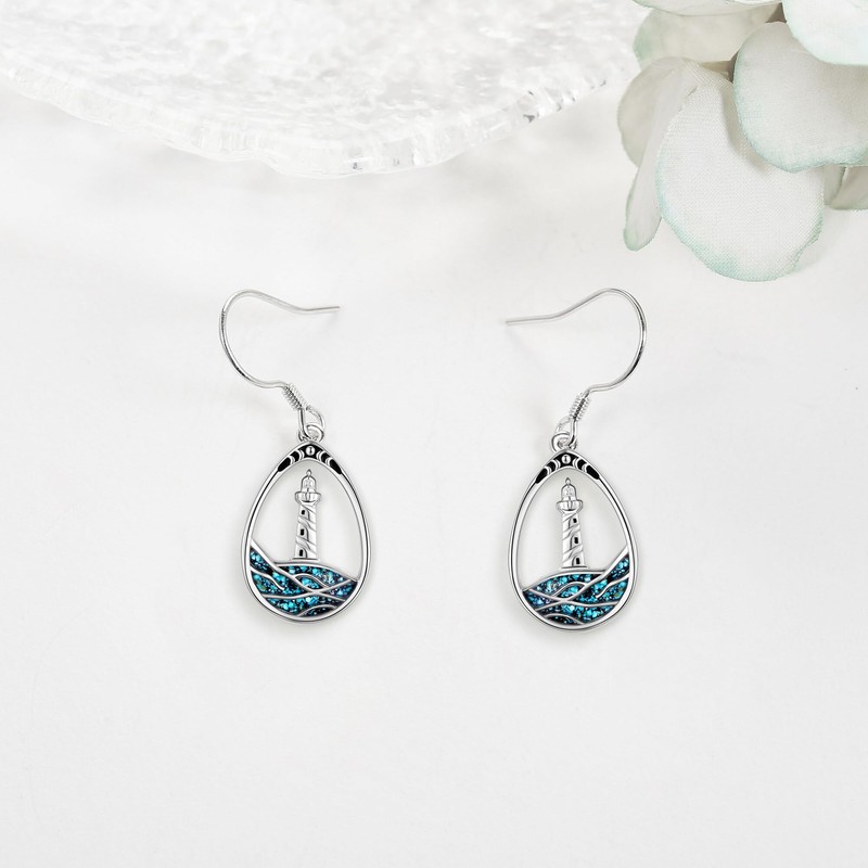 URONE Lighthouse Wave Earrings Sterling Silver Lighthouse Earrings Turquoise Ocean