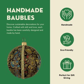 Neena Handmade Embroidered Bauble | 8cm Brown with Gold, Red, Blue | Unique Christmas Ornament | Eco-Friendly Décor | Sustainable Elegant Tree Decoration | Luxury Bauble for Home Décor