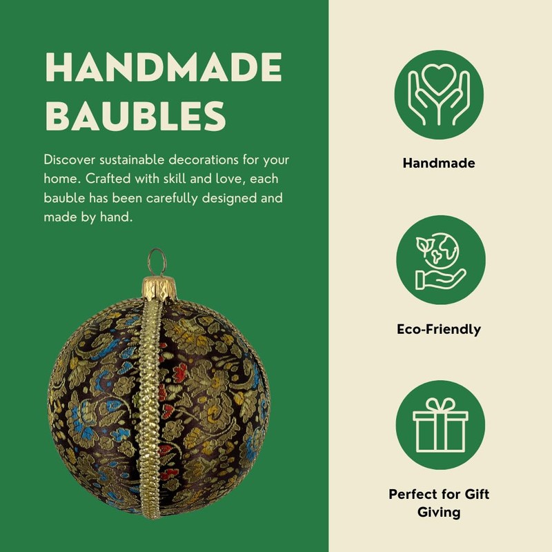 Neena Handmade Embroidered Bauble | 8cm Brown with Gold, Red,