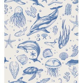 Whale Wallpaper Peel and Stick, Blue Sea Ocean Contact Paper, Underwater World Wall Paper Self Adhesive Removable Waterproof for Children's Room Bathroom Shelves Cabinet Table Drawer 17.5" x 118"