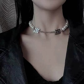 Aneneiceera Punk Beads Choker Necklace Chain Vintage Silver Initial Pendant Necklace Baroque Beads Necklace Chunky Cuban Link Chain Choker Jewellery for Women and Girls, Metal Material, Pearl