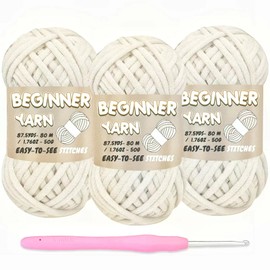 3 Pack Beginners Crochet Yarn, Oyster White Yarn for Crocheting Knitting Beginners, Easy-to-See Stitches, Chunky Thick Bulky Cotton Soft Yarn for Crocheting (3x50g)