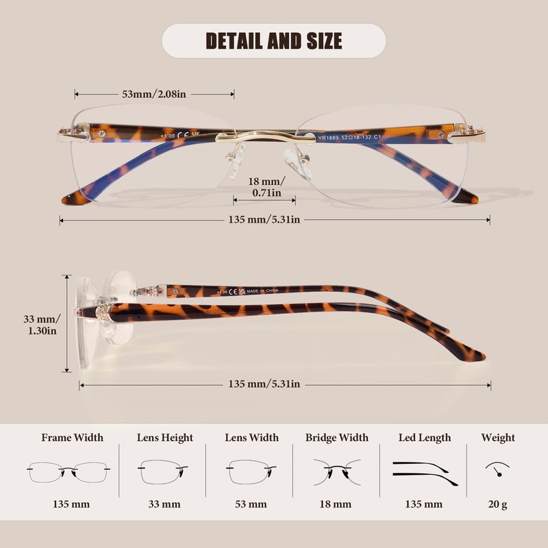 Rimless Bifocal Reading Glasses for Women Frameless Blue Light Blocking