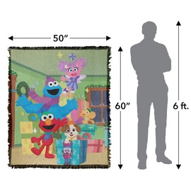 LOGOVISION Sesame Street Furry Friends Forever Blanket, 50"x60" Elmo Abby Cookie Monster Presents Woven Tapestry Cotton Blend Fringed Throw Blanket
