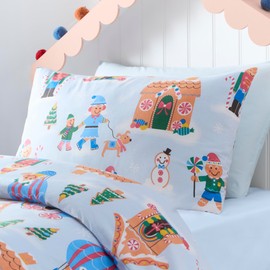 Happy Linen Company Girls Boys Kids Gingerbread Village Christmas Blue Single Reversible Soft Easy Care Bed Linen Duvet Cover Quilt Bedding Set With Pillow Case