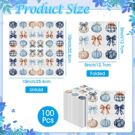 100 Pieces Fall Thanksgiving Paper Napkins Pumpkin Bow Luncheon Napkin Disposable Fall Decorative Napkins Harvest Pumpkin Party Napkins for Fall Harvest Thanksgiving Party Supplies (5 x 5 Inch)