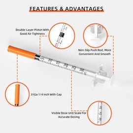 20 Pack U-100 0.3ml Lab Syringe, 31G 1/4 Inch (0,25 x 6mm) Disposable Syringes Supplies, Individually Wrapped