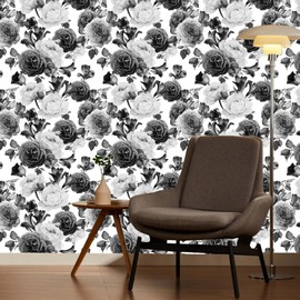MAGAFA Floral Wallpaper Peel and Stick Wallpaper Black and White Peony Self Adhesive Removable Wallpaper Floral Contact Paper Nursery Bedroom Mural Wall Decorative 17.7"x236.2"
