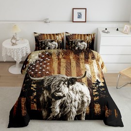 Highland Cow Comforter Set for Boys Girls Highland Cattle Comforter Set Full Size American Flag Animal Bedding Set Bedroom Decor Duvet Set Western Decor Quilt Set 3Pcs