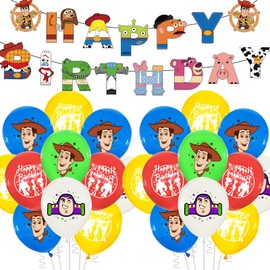 21PCS Toy Inspired Story Birthday Decorations, Toy Theme Story Latex Balloons Party Decorations Set with Happy Birthday Banner Cartoon Party Supplies for Kids Boys Girls