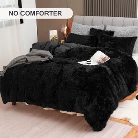 Fluffy Plush Black Duvet Cover Set King Size, Luxury Ultra Soft Velvet Fuzzy Comforter Cover Bed Sets 4Pcs(1 Faux Fur Duvet Cover + 2 Pillow Cases + 1 Pillow Cover) Zipper Closure (King, Black)